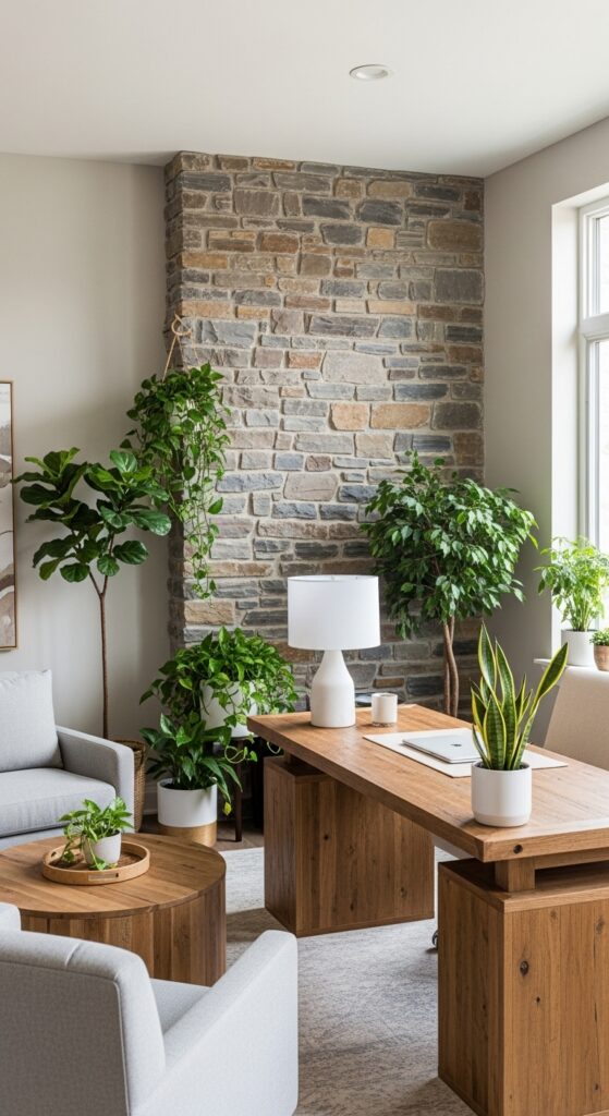 21 stone and wood office design accents with natural vibes 21 A Cohesive Natural Material Story