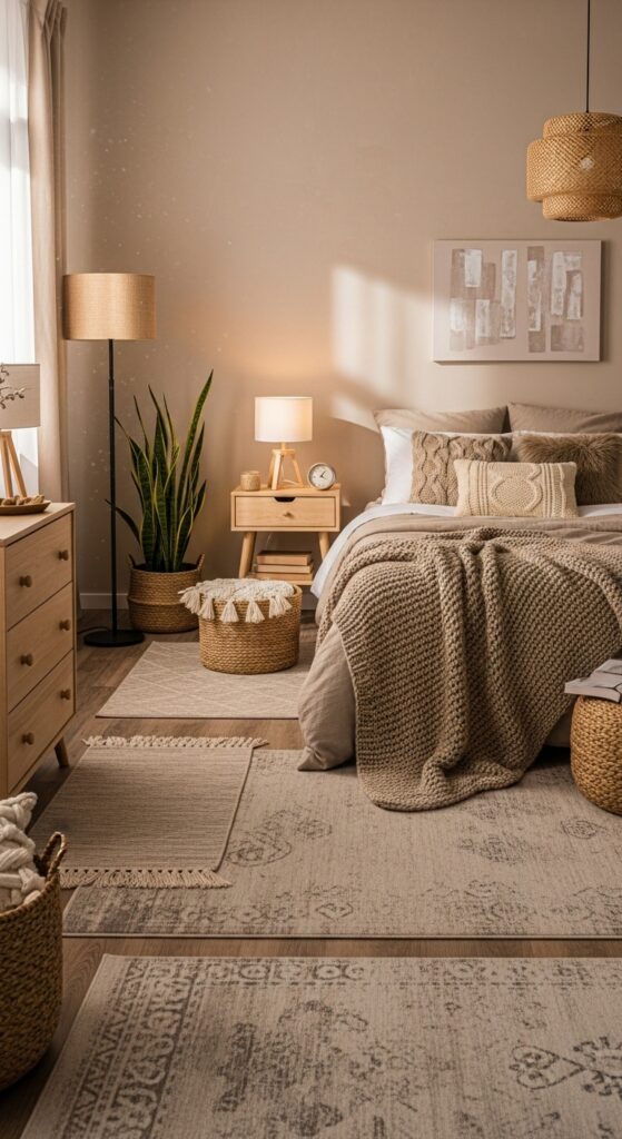 25 Modern Beige Bedroom Ideas for a Warm and Sophisticated Look 16 Beige Bedroom With Layered Area Rugs
