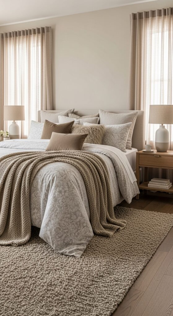 25 Modern Beige Bedroom Ideas for a Warm and Sophisticated Look 19 Beige Bedroom With Soft Patterned Bedding