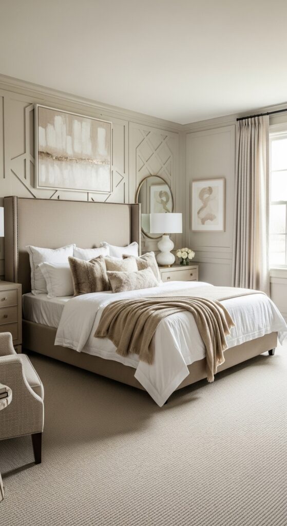 25 Modern Beige Bedroom Ideas for a Warm and Sophisticated Look 21 Beige Bedroom With Soft Wall Paneling