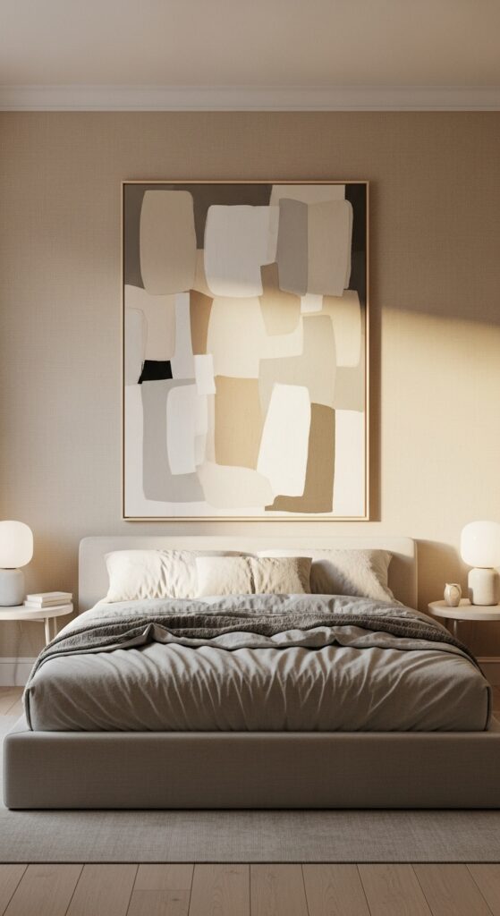 25 Modern Beige Bedroom Ideas for a Warm and Sophisticated Look 14 Beige Bedroom With Statement Artwork
