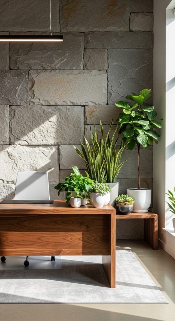 21 stone and wood office design accents with natural vibes 1 Grounded Elegance Through Natural Pairings