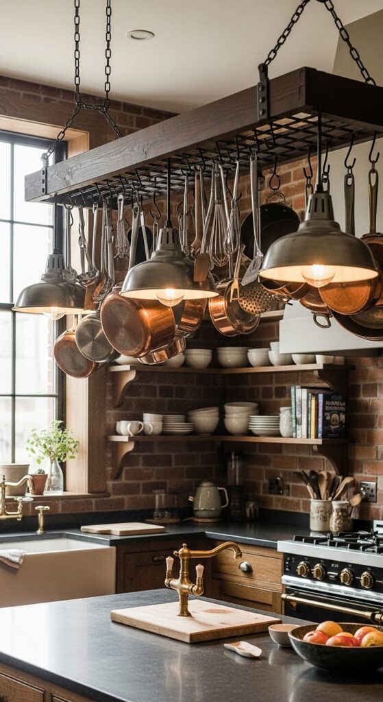 23 Bohemian Kitchen Decor Modern Twist Secrets 19 Kitchen with copper pots, pendant lamps, and utensil hooks
