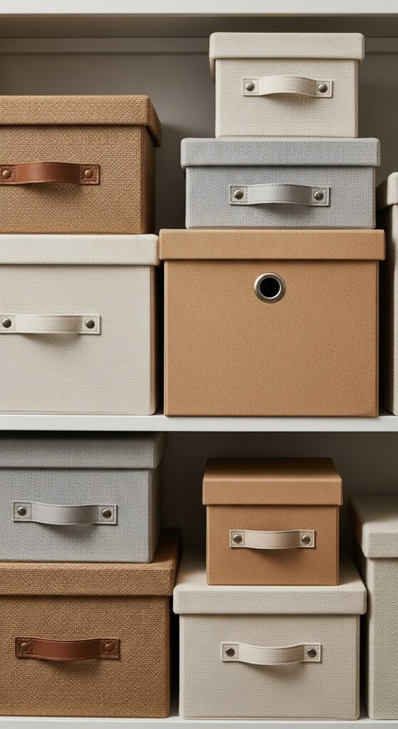 22 Minimalist Office Decor with Texture on a Budget 18 Layered Neutral Storage Boxes