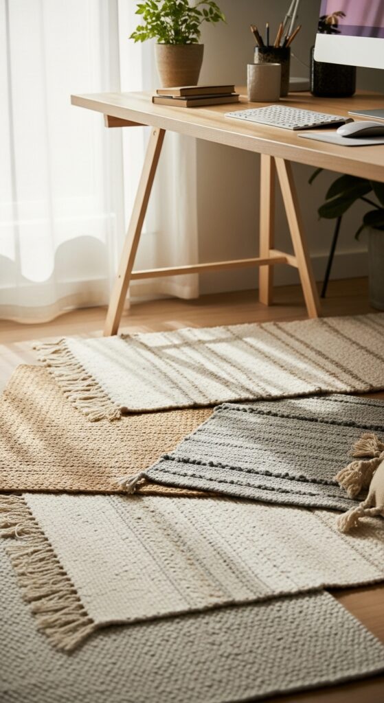 22 Minimalist Office Decor with Texture on a Budget 4 Layered Rugs Under a Simple Desk