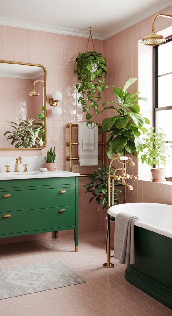 Pink Bathroom Designs That Prove Color Is a Superpower 8 Lush Green and Pink Oasis