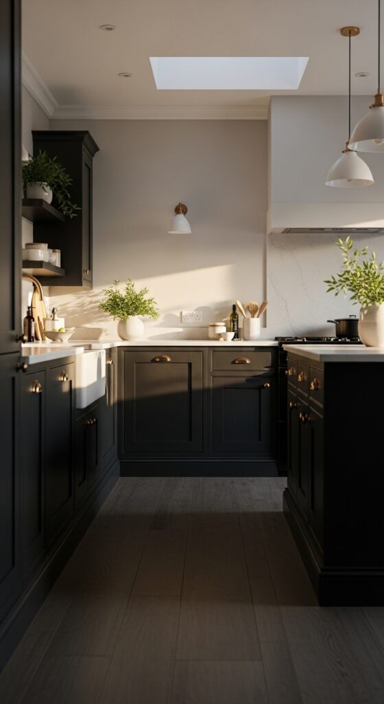 20 Moody Kitchen Decor Ideas You Won’t Stop Scrolling 3 Matte Black Cabinets with Soft Warm Balance
