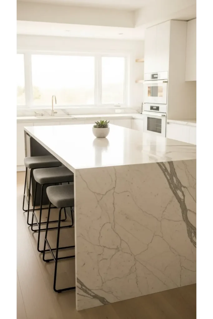 16 Modern Kitchen Styling Methods You’ll Love 7 Elegant marble kitchen island with stools