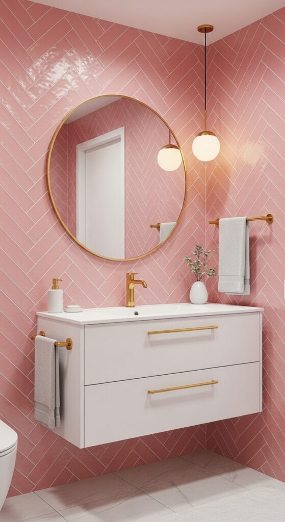 Pink Bathroom Designs That Prove Color Is a Superpower 10 Modern Pink Herringbone Chic
