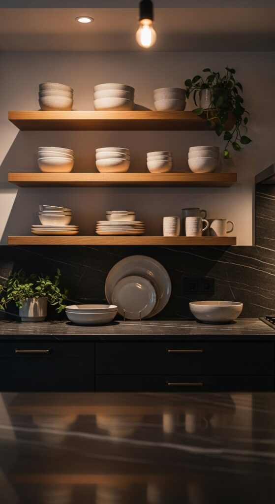 20 Moody Kitchen Decor Ideas You Won’t Stop Scrolling 8 Open Shelving That Softens Dark Cabinetry