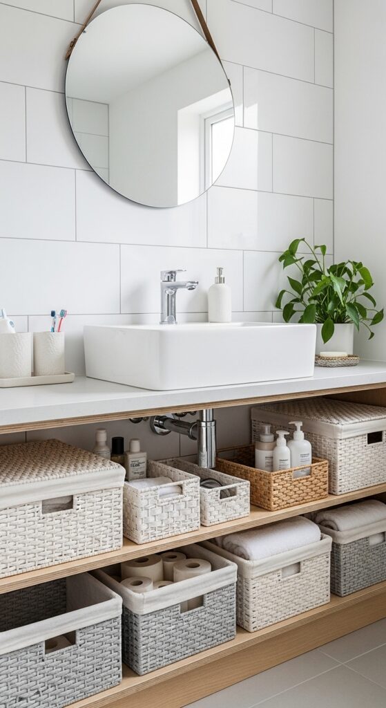 Genius Small Bathroom Storage Solutions You Must See! 15 Open Storage Beneath Pedestal Sinks
