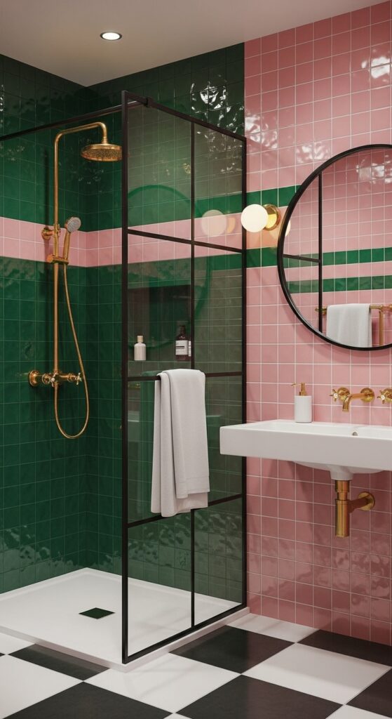 Pink Bathroom Designs That Prove Color Is a Superpower 3 Retro Pink Tiles With Bold Contrast