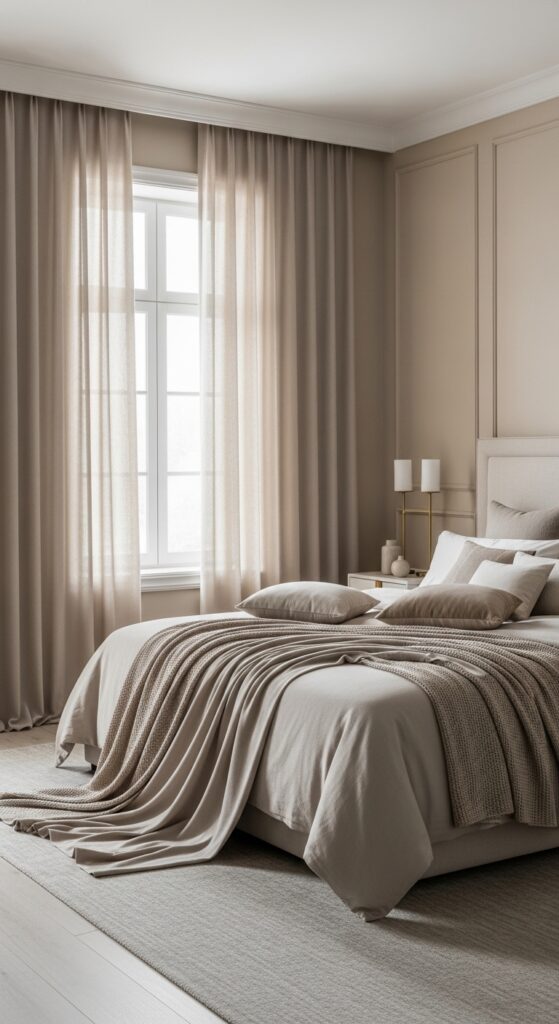 25 Modern Beige Bedroom Ideas for a Warm and Sophisticated Look 11 Soft Beige Bedroom With Floor-Length Curtains