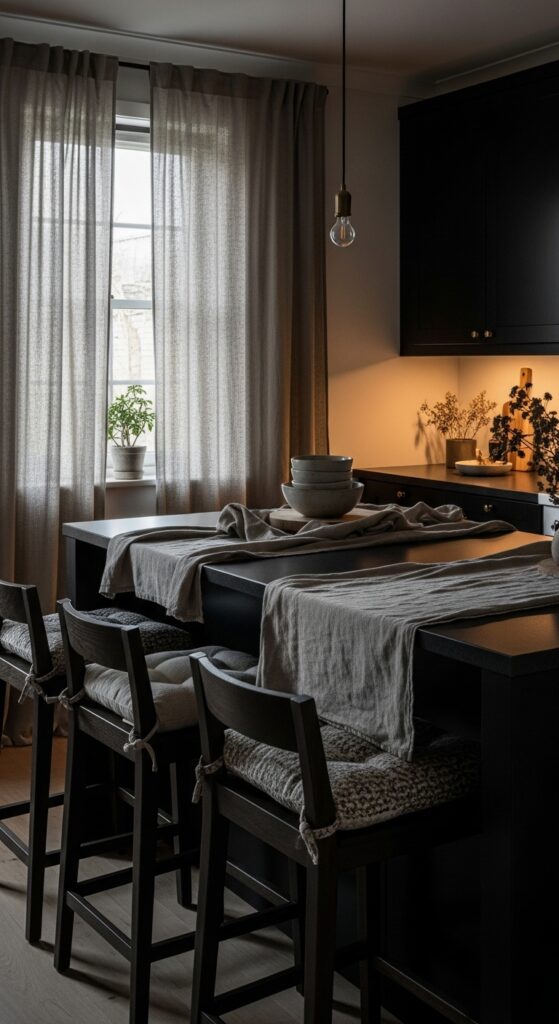 20 Moody Kitchen Decor Ideas You Won’t Stop Scrolling 11 Soft Fabrics That Humanize Dark Kitchens