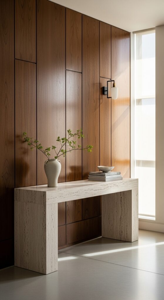 21 stone and wood office design accents with natural vibes 15 Stone Elements That Ground the Entry View