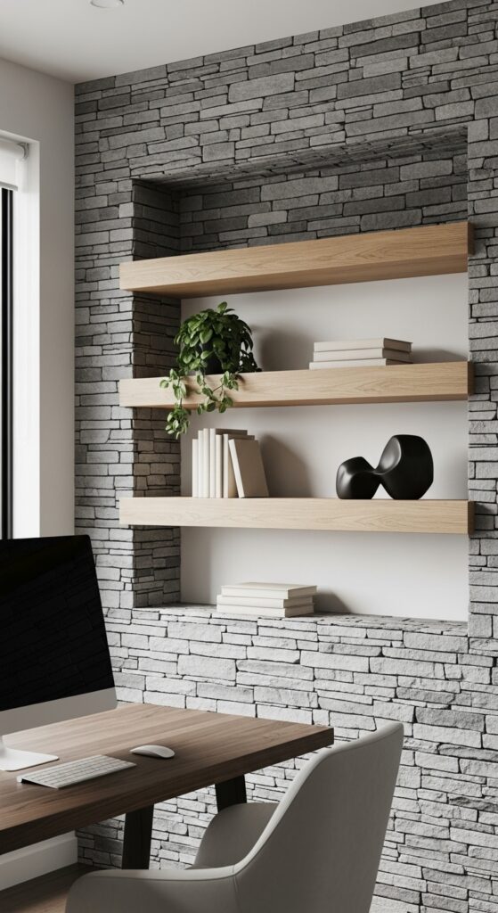 21 stone and wood office design accents with natural vibes 12 Stone Feature Niches for Subtle Impact