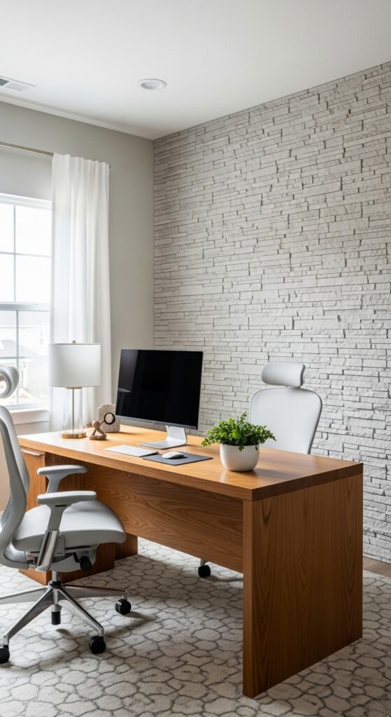 21 stone and wood office design accents with natural vibes 17 Stone Walls Softened by Natural Wood Tones
