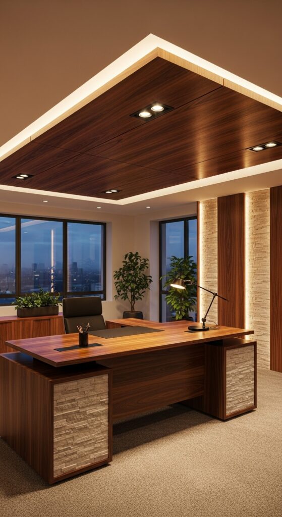 21 stone and wood office design accents with natural vibes 9 Wood Ceilings That Warm the Atmosphere