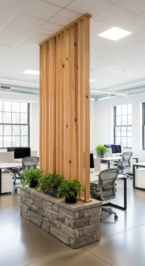 21 stone and wood office design accents with natural vibes 16 Wood Dividers That Define Without Closing Off