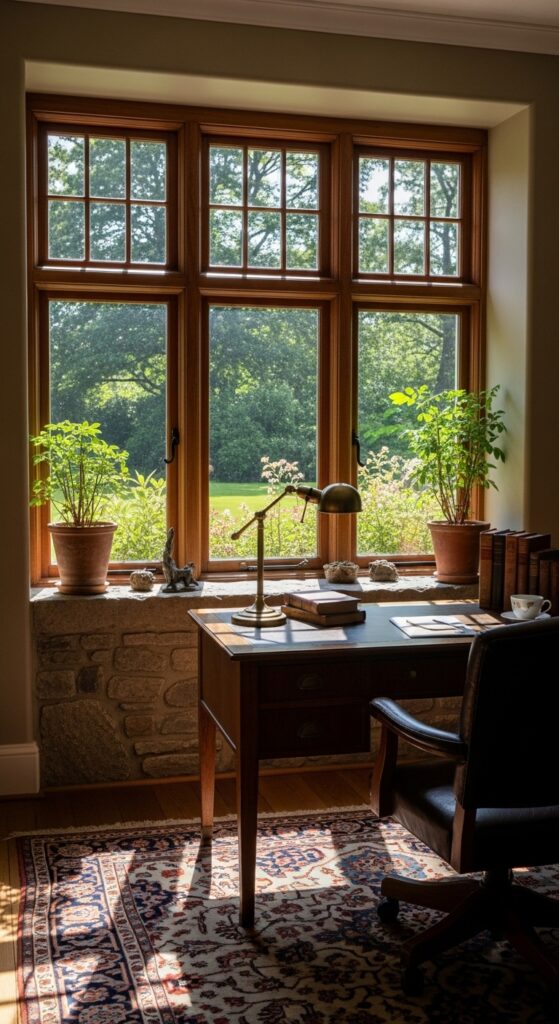 21 stone and wood office design accents with natural vibes 11 Wood-Framed Windows That Connect Outdoors