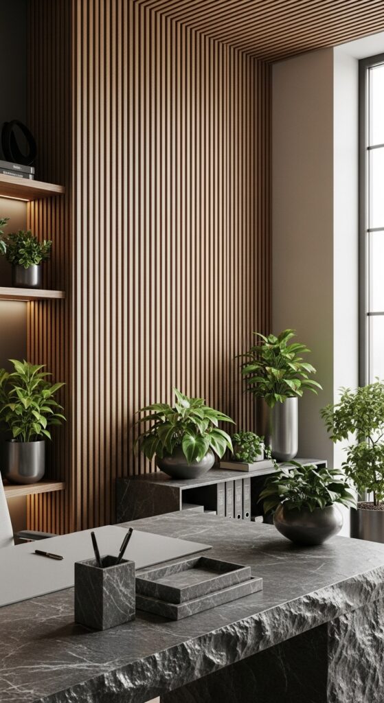 21 stone and wood office design accents with natural vibes 5 Wood Paneling for Warm Vertical Texture