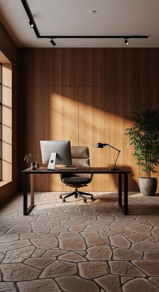 21 stone and wood office design accents with natural vibes 20 Wood Textures That Absorb Visual Noise