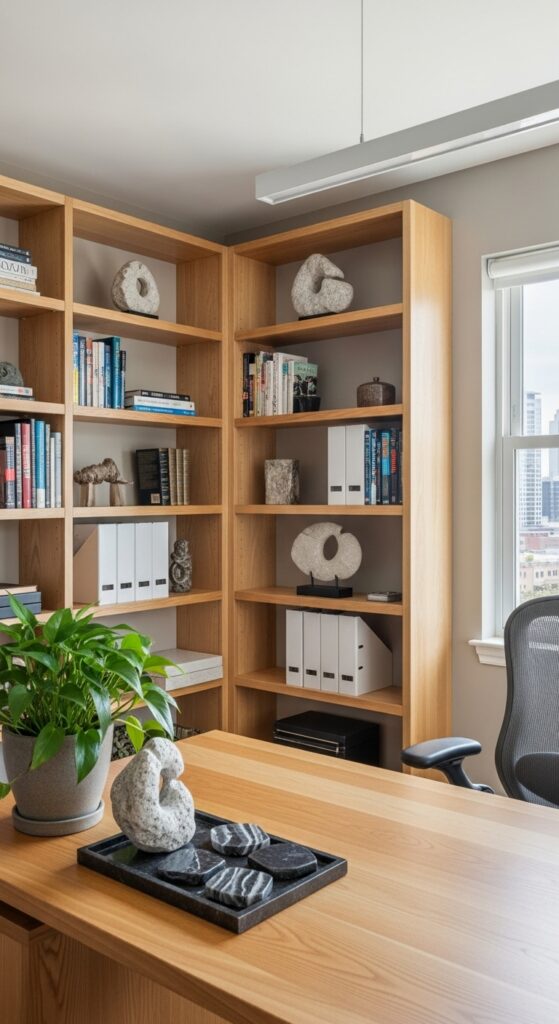 21 stone and wood office design accents with natural vibes 7 Wooden Shelving With Natural Rhythm