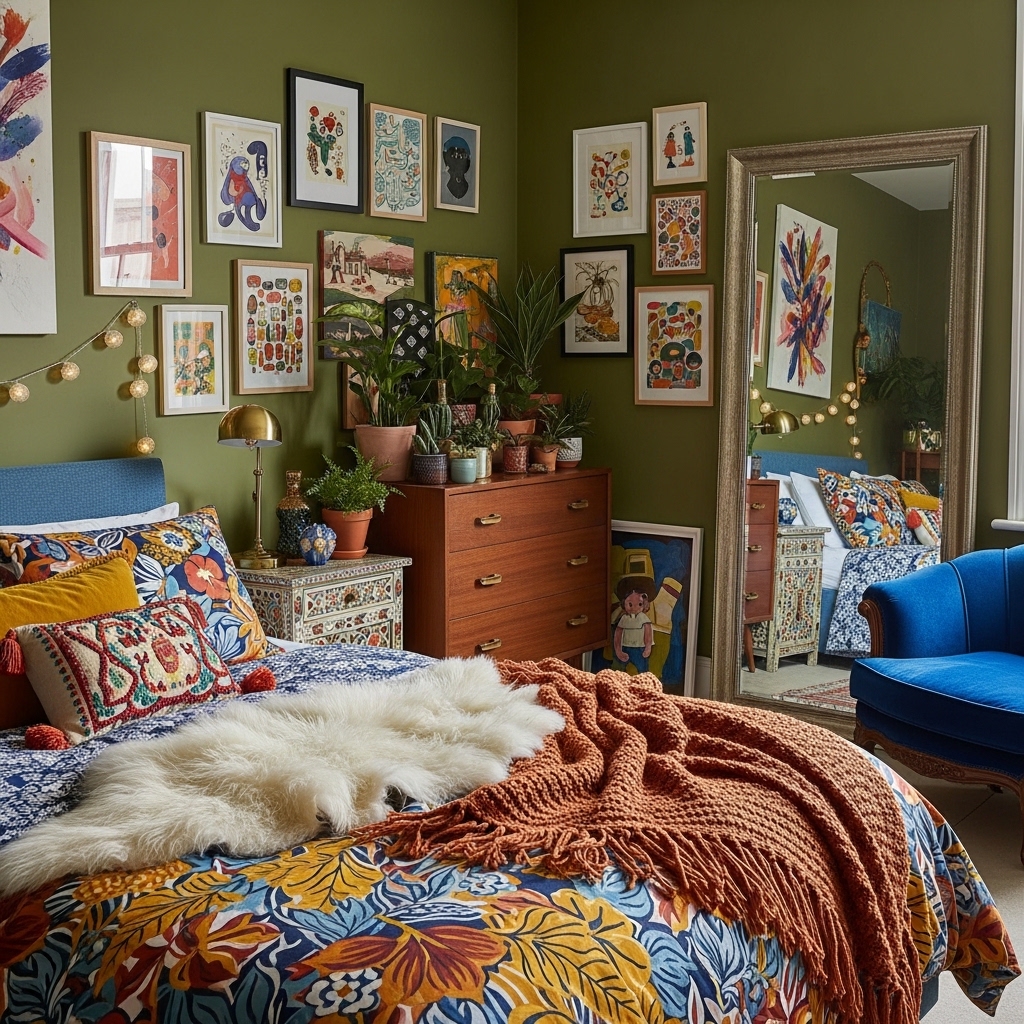 Eclectic olive green bedroom, bold patterned bedding, mixed textile layers, colorful artwork, unique furniture pieces, artistic interior atmosphere
