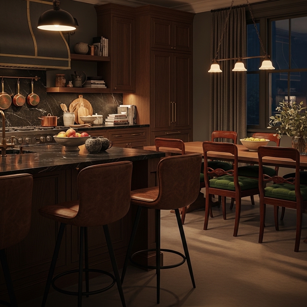 Top 20 Dark Academia Kitchen Ideas to Add Vintage Charm and Timeless Elegance 7 Add Touches of Velvet and Leather