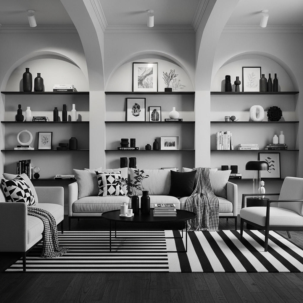 14 Modern Contemporary Living Room Ideas to Add Personality 8 Arched Balance in Monochrome