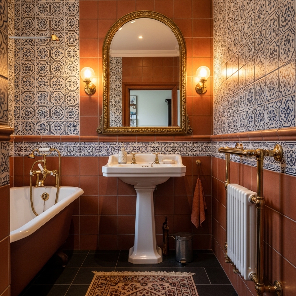 23 Small Victorian Bathroom Designs: Period Charm Meets Modern Function 11 Arched Mirror Elongating a Narrow Victorian-Inspired Retreat