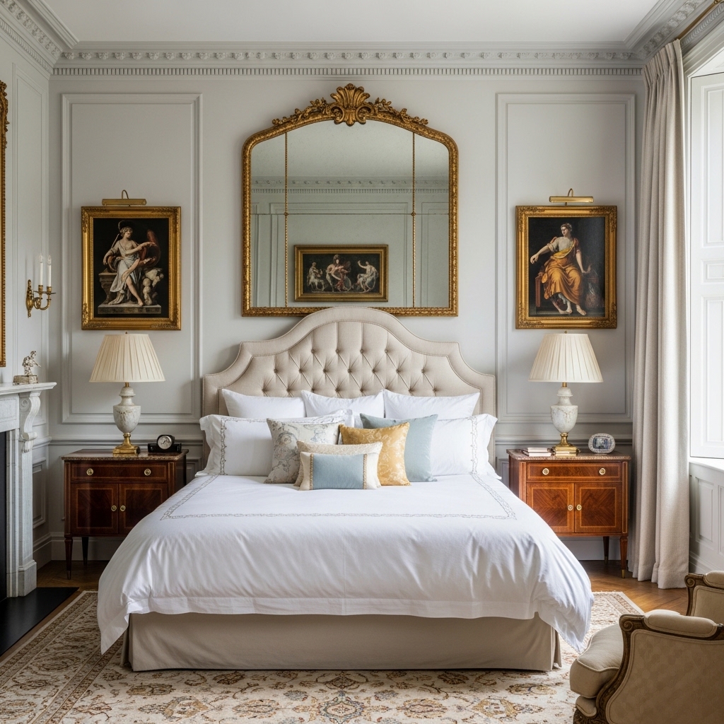 20+ Neo-Classical Master Bedroom Ideas You’ll Pin Now – Elegant, Timeless Inspiration 18 Art-Framed Elegance