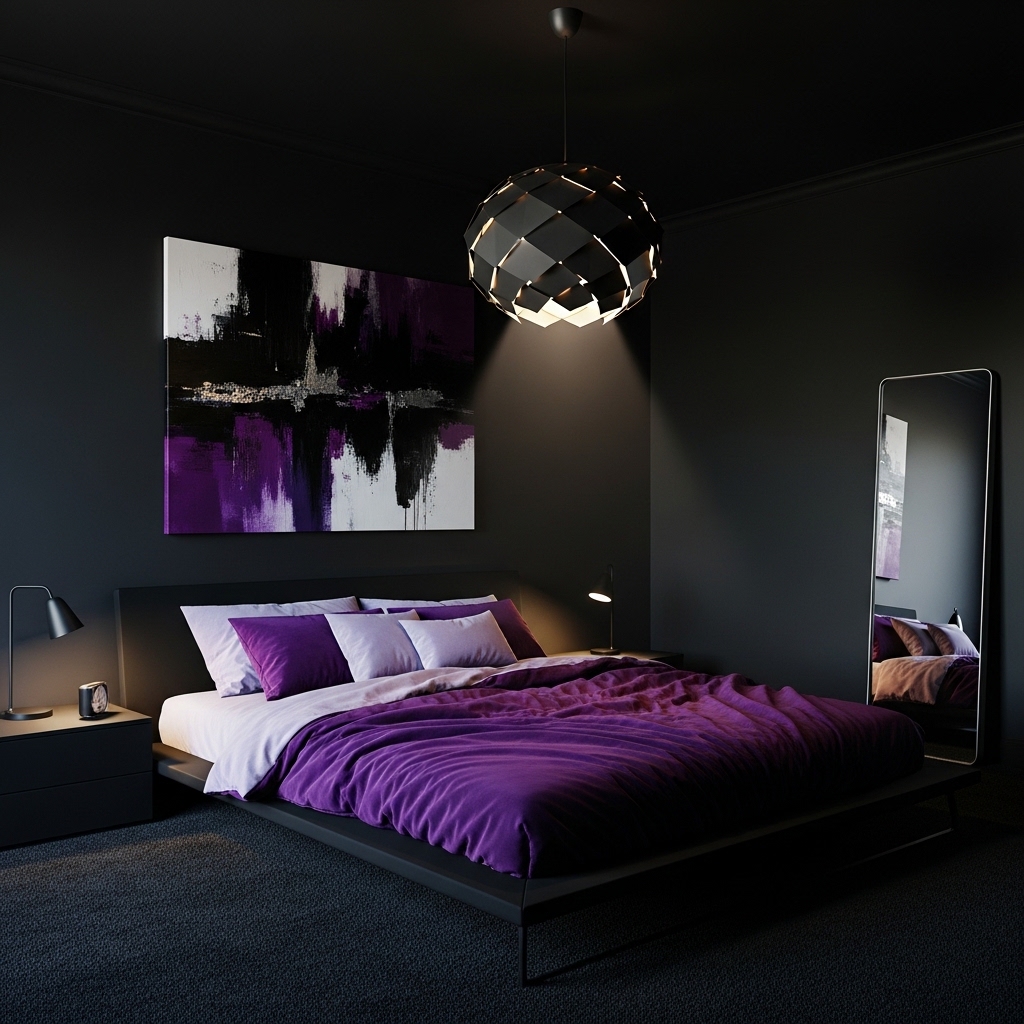 14 Purple Bedroom Ideas with Stylish Charm 6 Black and Purple Bedroom with Dramatic Style