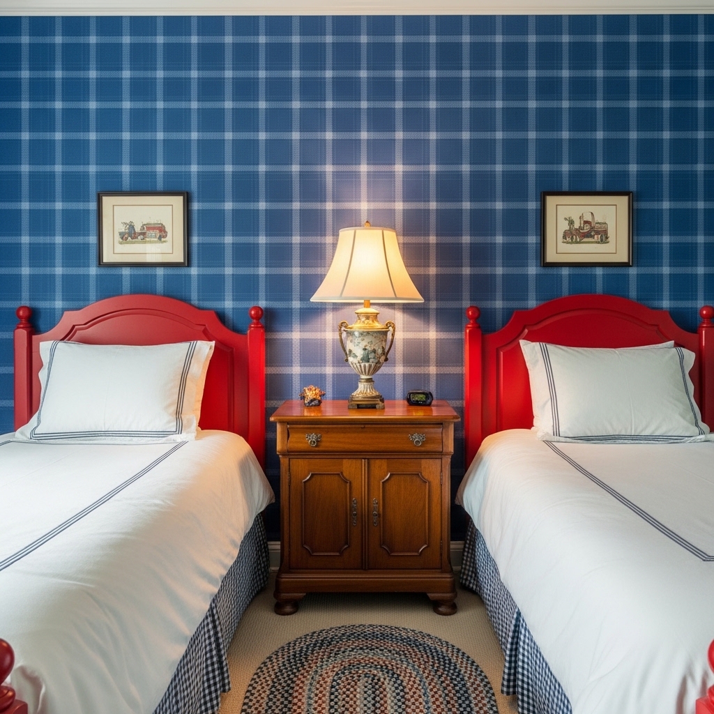 Classic Boys Bedroom Ideas That Never Go Out of Style 17 Blue Plaid Wallpaper With Red Headboards