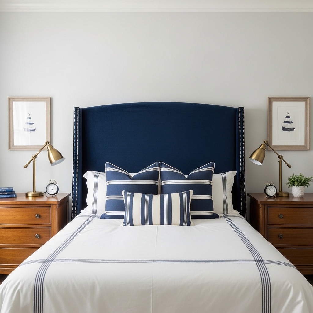 Classic Boys Bedroom Ideas That Never Go Out of Style 11 Blue Velvet Headboard With Striped Pillows