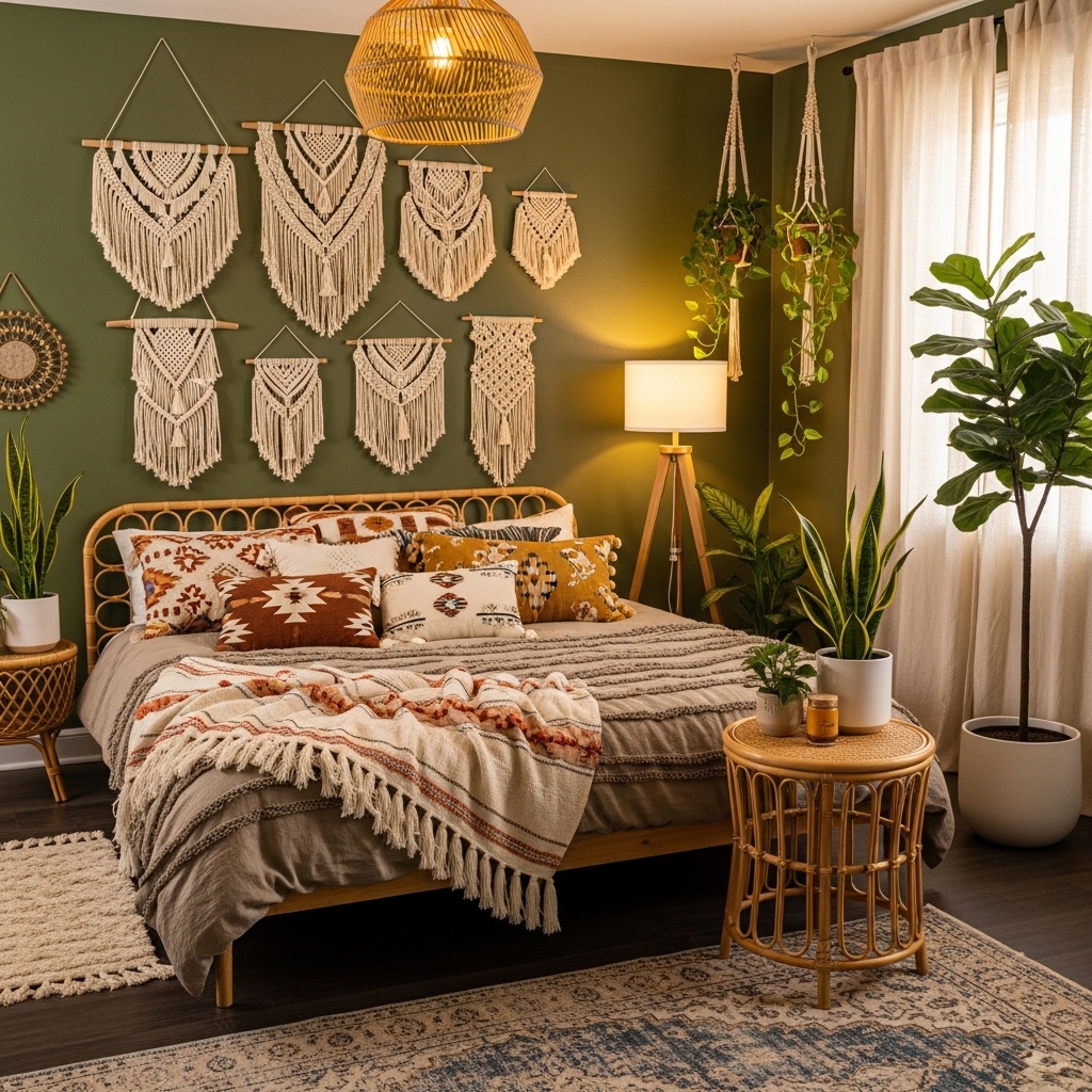 Bohemian Olive Green Bedroom with Macramé and Rattan Pieces