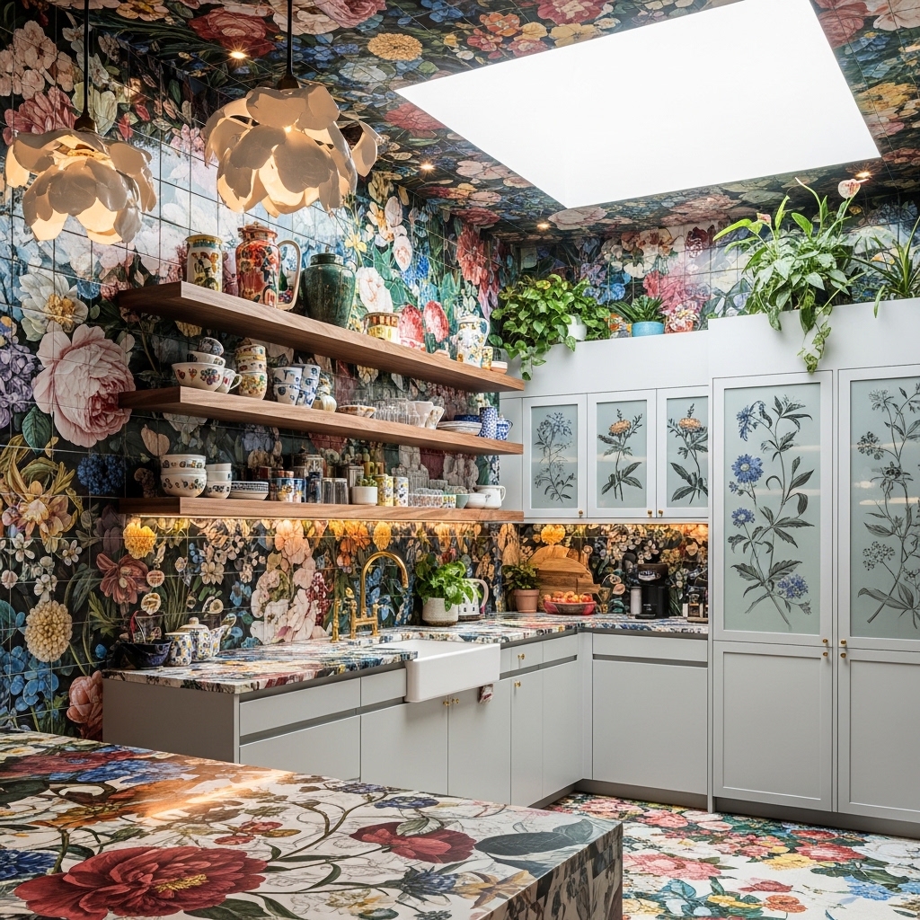 17 Bright Eclectic Kitchens That Make a Bold Statement 11 Bold Floral Mosaic Backsplash