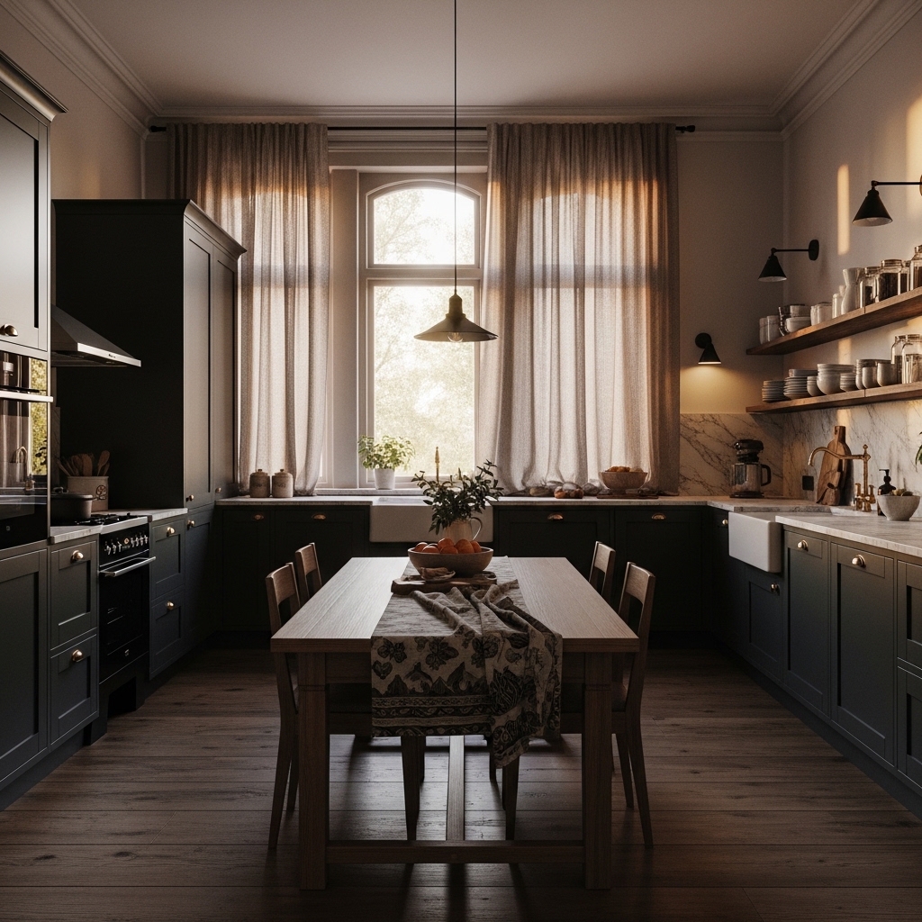 Top 20 Dark Academia Kitchen Ideas to Add Vintage Charm and Timeless Elegance 10 Bring in Elegant Fabrics