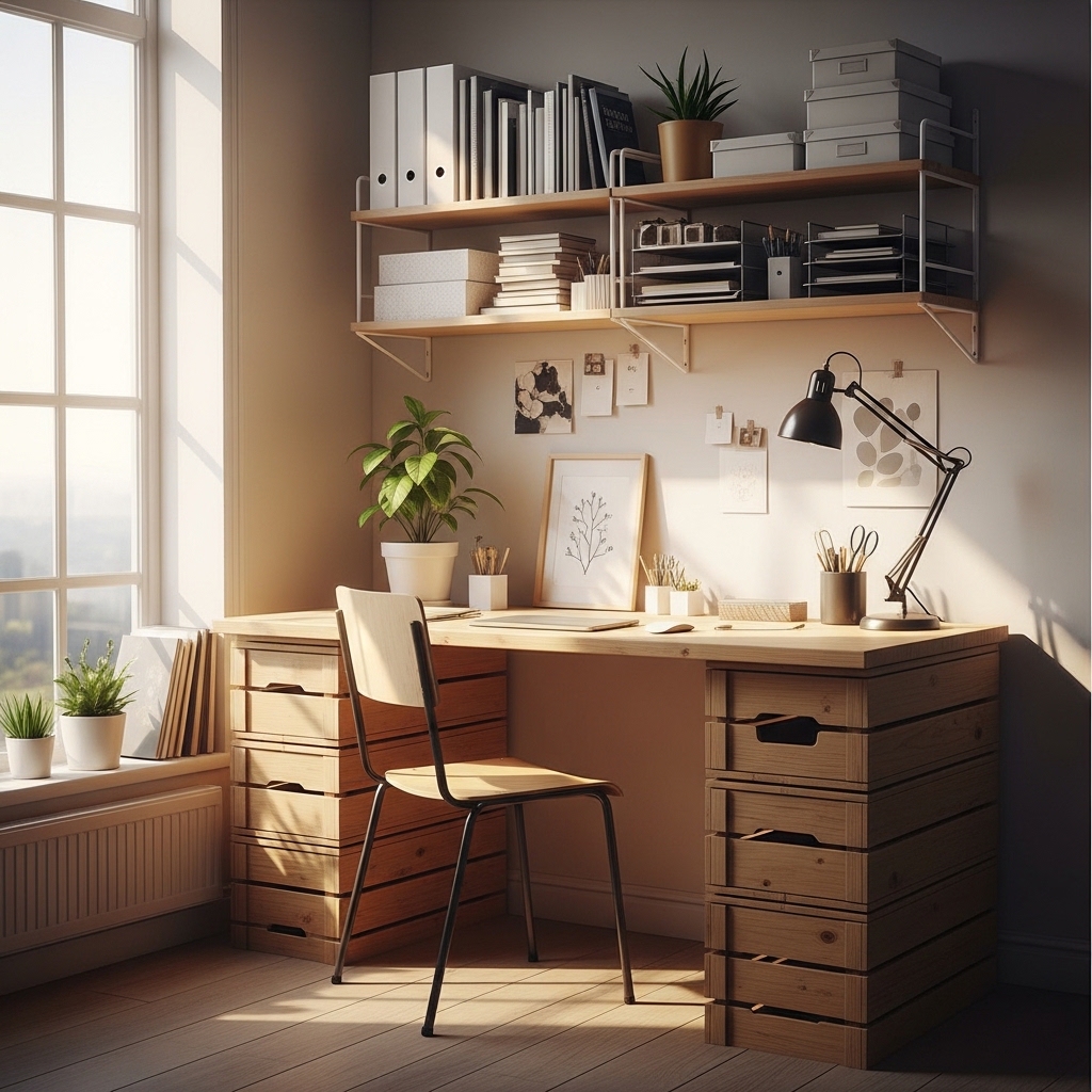 23 Home Office Ideas to Upgrade Your Work From Home Setup 21 Budget-friendly workspace with DIY desk and crates