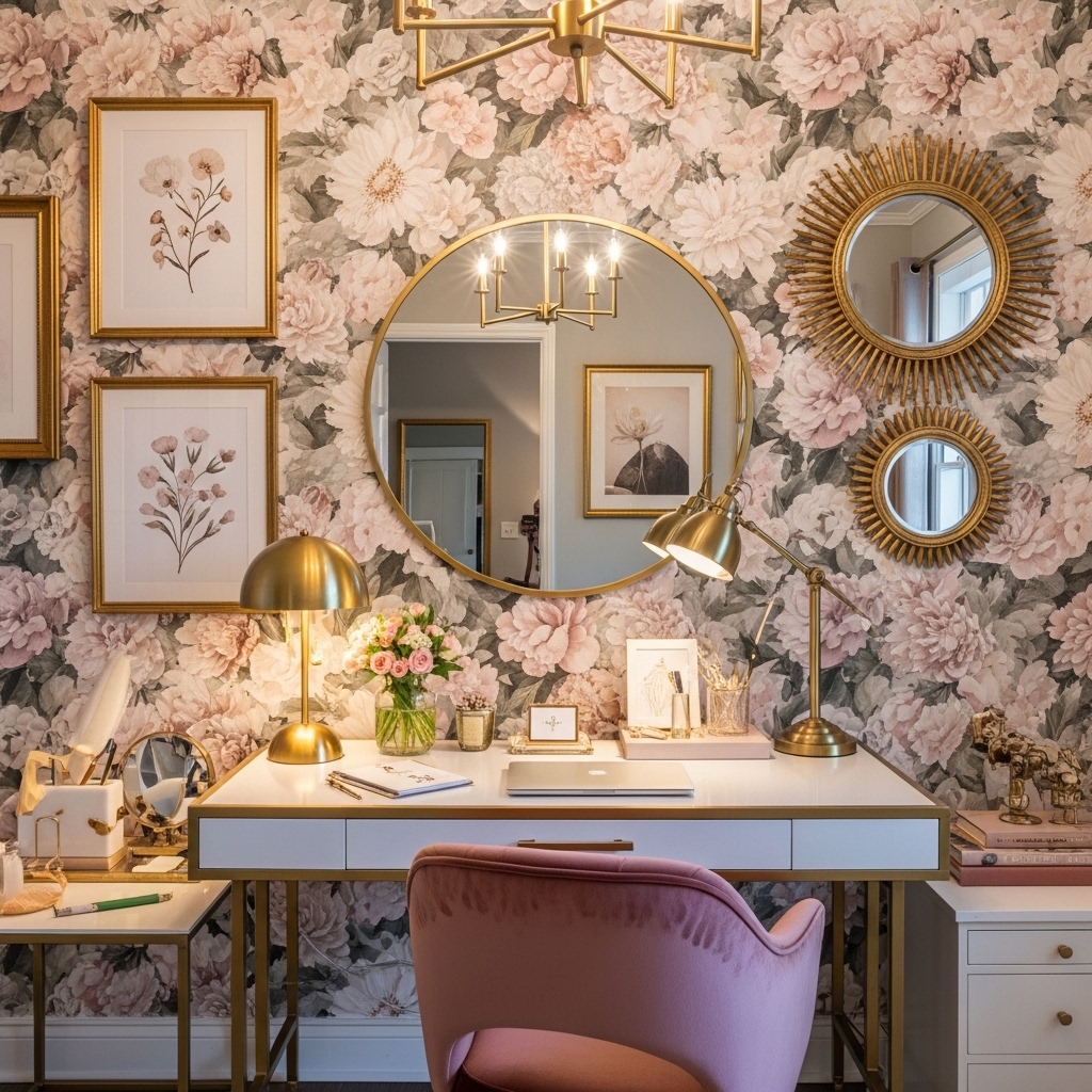 23 Home Office Ideas to Upgrade Your Work From Home Setup 17 Chic feminine office with floral wallpaper and gold accents