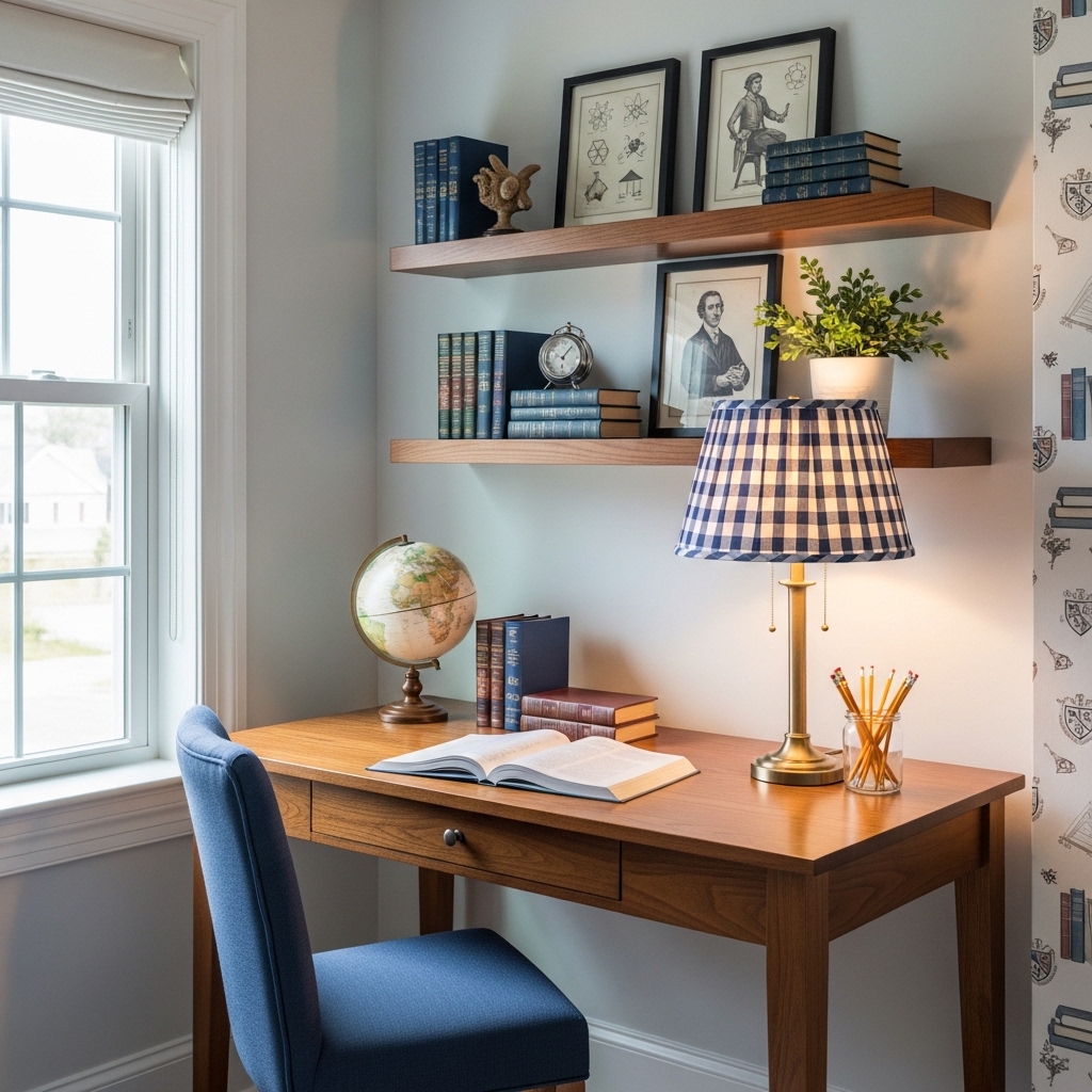 Classic Boys Bedroom Ideas That Never Go Out of Style 20 Classic Wooden Desk With Gingham Lamp