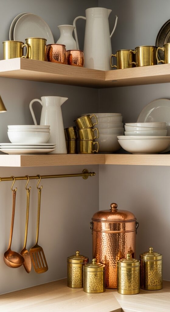 17 Simple Boho Kitchen Decor with Open Shelving Must-Try 11 Combine Copper or Brass Accents