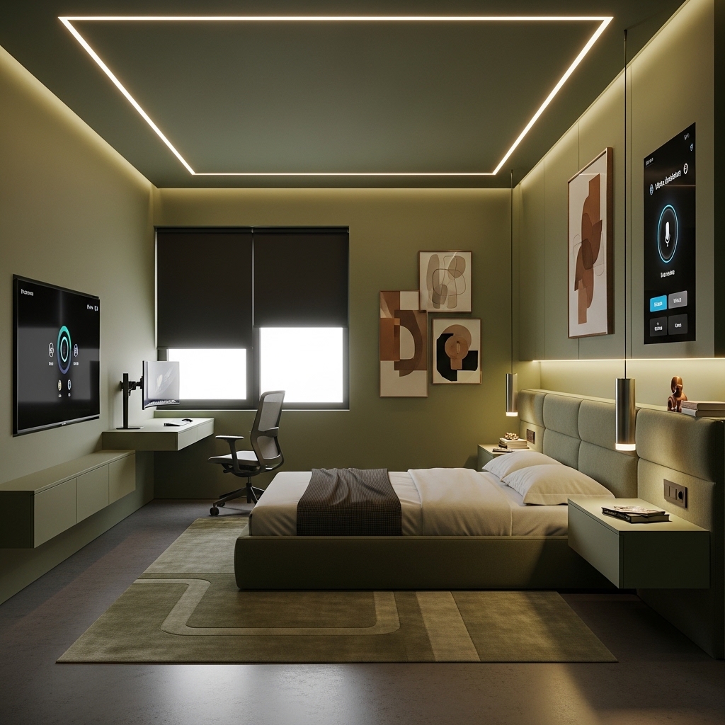 Contemporary Olive Green Smart Bedroom with Integrated Lighting and Tech