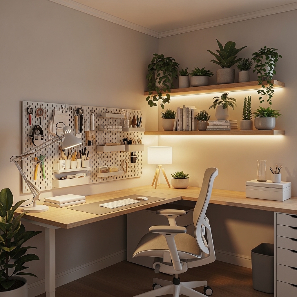 23 Home Office Ideas to Upgrade Your Work From Home Setup 2 Corner desk setup with pegboard and shelving