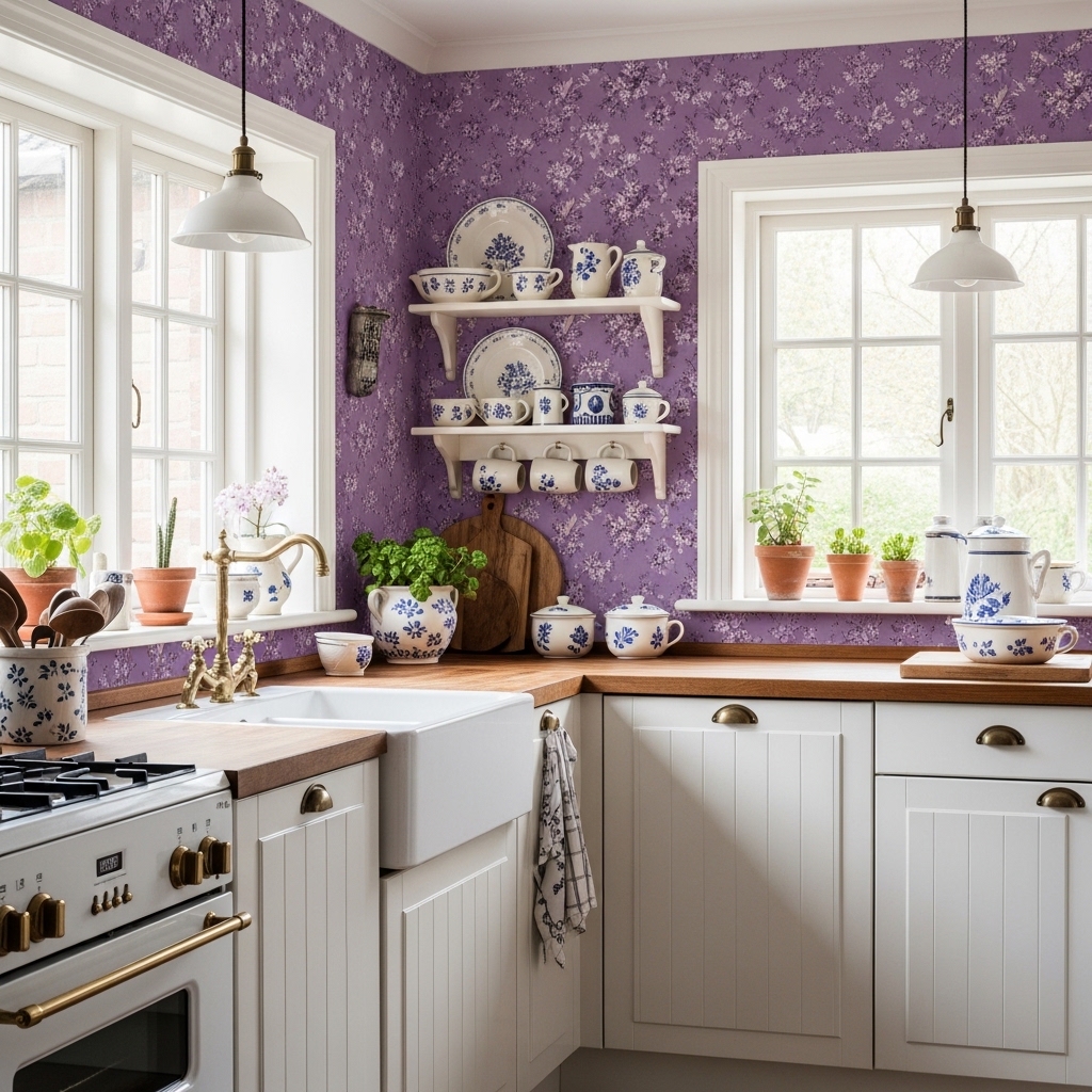 Cottage Kitchen With Lavender Floral Wallpaper