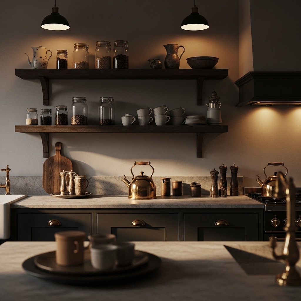 Top 20 Dark Academia Kitchen Ideas to Add Vintage Charm and Timeless Elegance 14 Cozy Coffee or Tea Station