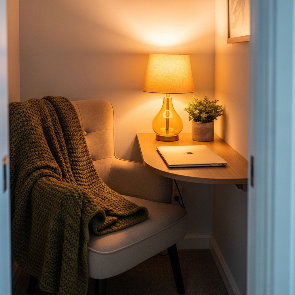 23 Home Office Ideas to Upgrade Your Work From Home Setup 19 Cozy nook with plush chair and side table workspace