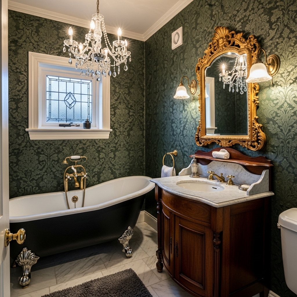 23 Small Victorian Bathroom Designs: Period Charm Meets Modern Function 16 Crystal Chandelier Elevating a Tiny Bathroom With Era-Appropriate Sparkle