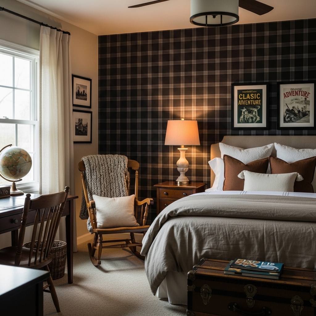 Classic Boys Bedroom Ideas That Never Go Out of Style 18 Dark Plaid Walls With Wooden Rocking Chair