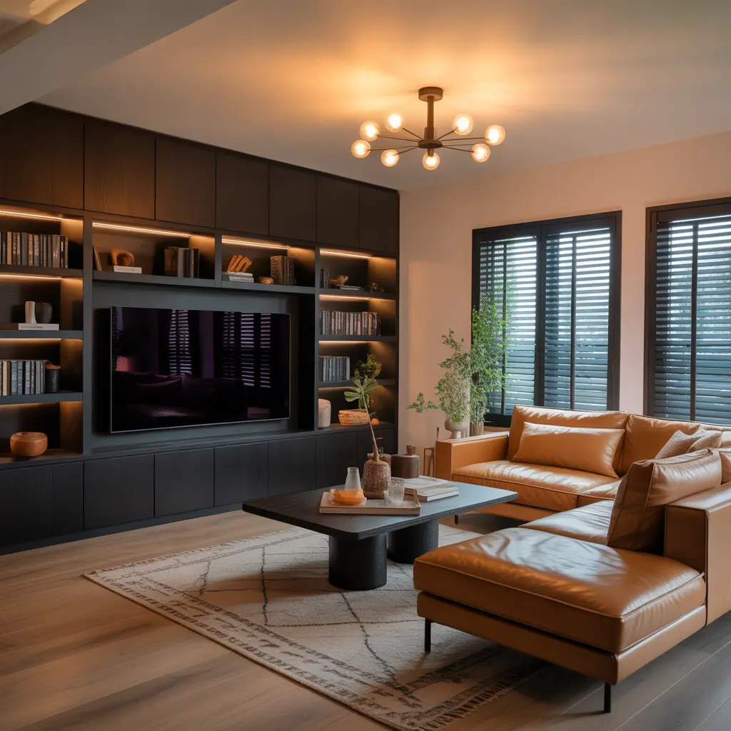 18 Black and Tan Living Room Ideas for Timeless, Sophisticated Comfort 15 Deep Black Built In Media Unit
